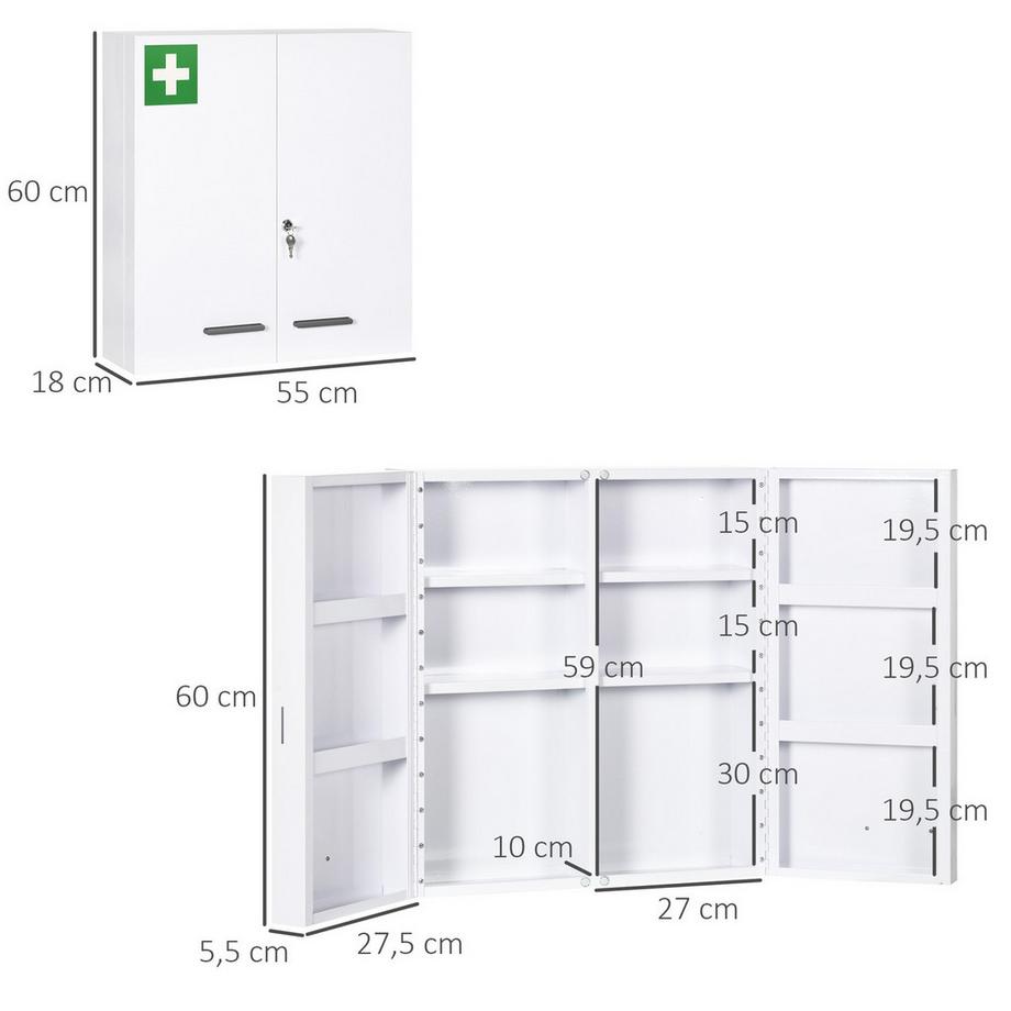 Northio Medizinschrank 2-Türiger Medikamentenschrank Mit 6 Einlegeböden, Apothekerschrank Für Wandmontage, Stahl, Weiß, 55X18X60Cm  
