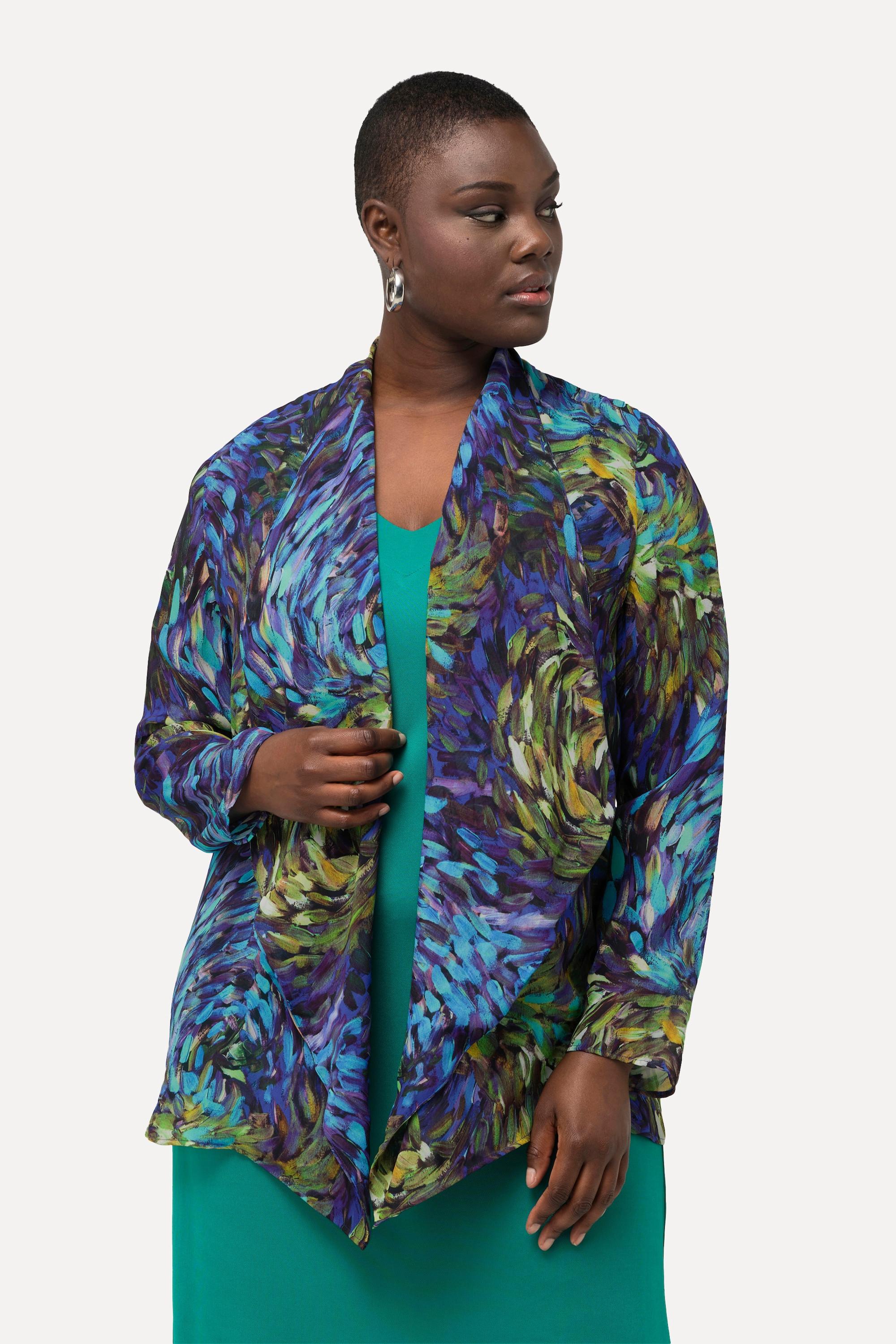 Ulla Popken Rayon Chiffon Wasserfallkragen Langarm Indoorjacke  