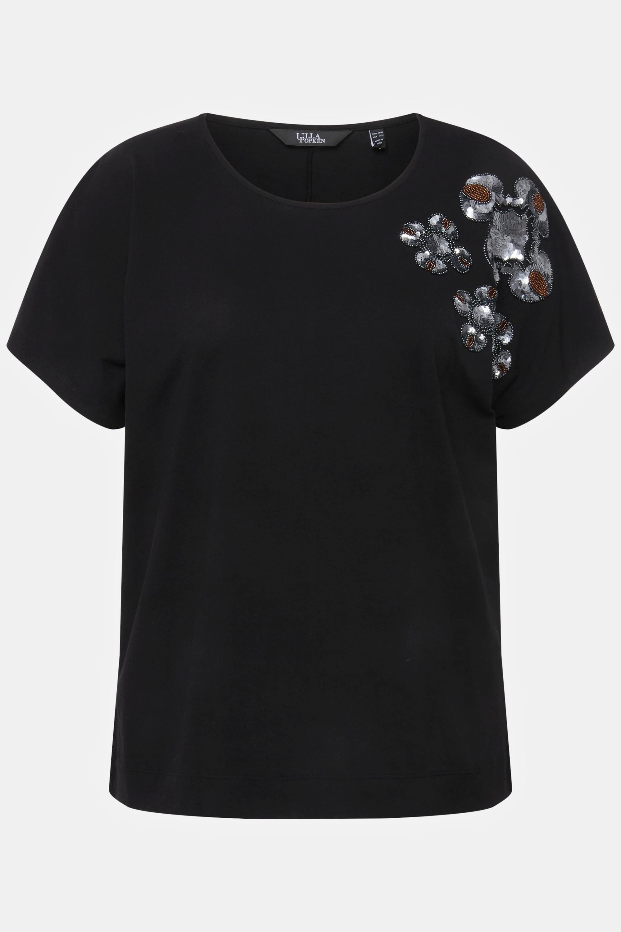 Ulla Popken  T-shirt oversize à col rond et manches courtes, fleurs à paillettes 