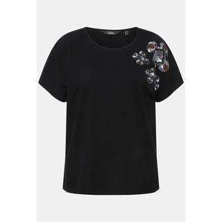 Ulla Popken  T-shirt oversize à col rond et manches courtes, fleurs à paillettes 