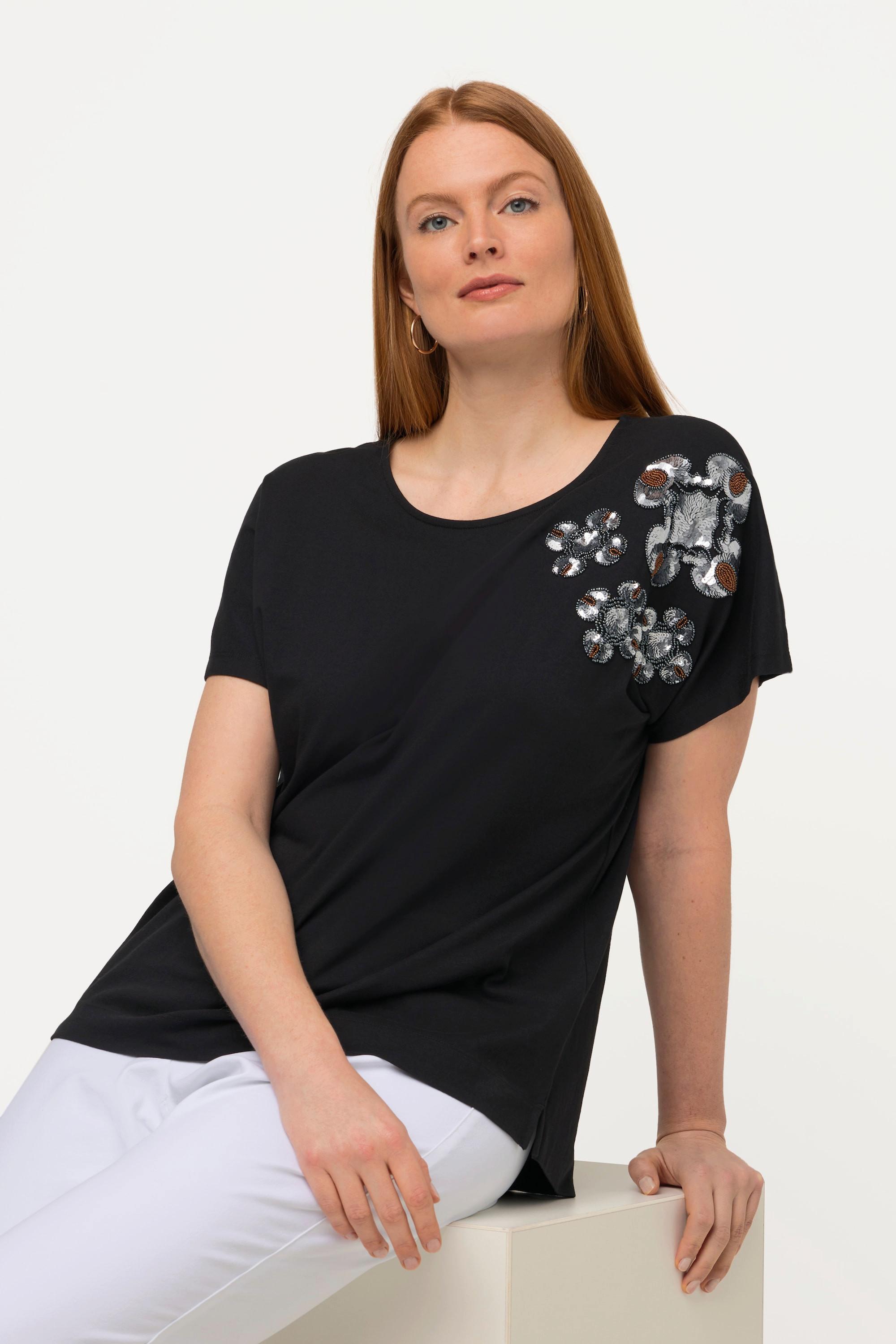 Ulla Popken  T-shirt oversize à col rond et manches courtes, fleurs à paillettes 