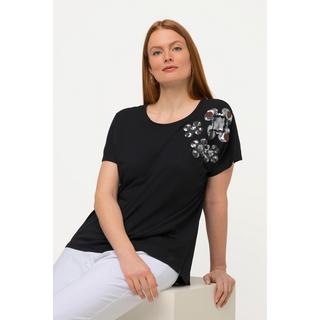 Ulla Popken  T-shirt oversize à col rond et manches courtes, fleurs à paillettes 