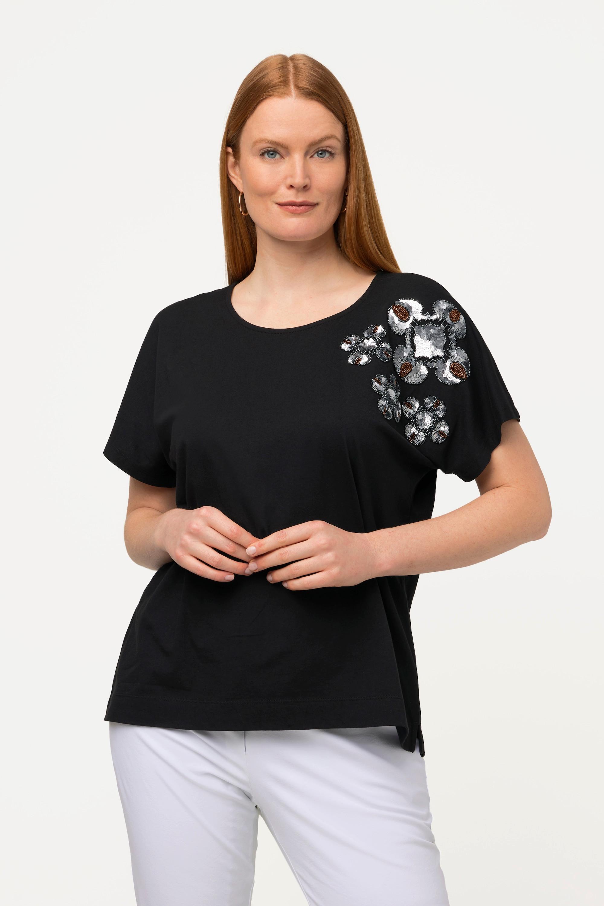 Ulla Popken  T-shirt oversize à col rond et manches courtes, fleurs à paillettes 