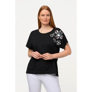 Ulla Popken  T-shirt oversize à col rond et manches courtes, fleurs à paillettes 