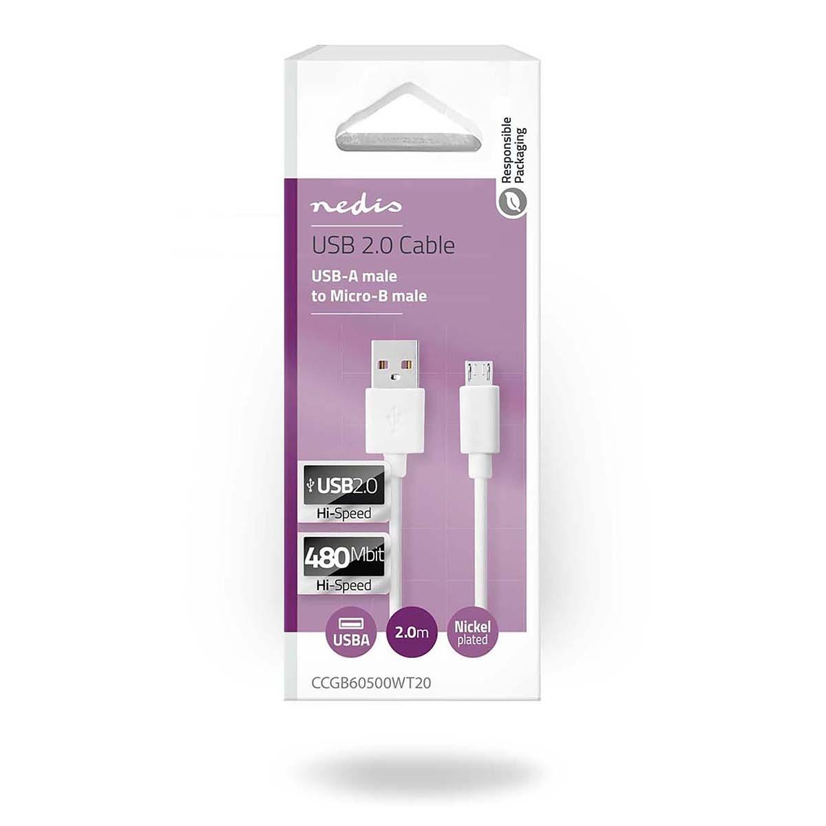 Nedis  Cavo USB | USB 2.0 | USB-A Maschio | USB Micro-B Maschio | 480 Mbps | Nichelato | 2,00 m | Rotondo | PVC | Bianco | Scatola 