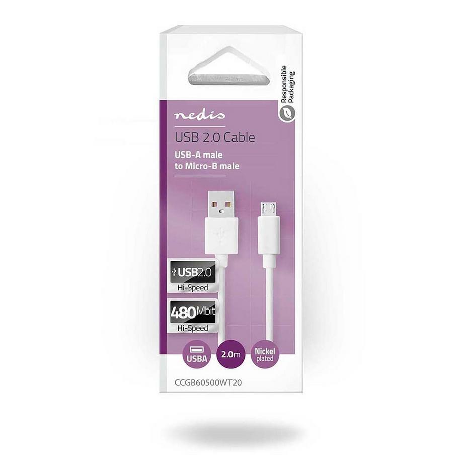 Nedis  Cavo USB | USB 2.0 | USB-A Maschio | USB Micro-B Maschio | 480 Mbps | Nichelato | 2,00 m | Rotondo | PVC | Bianco | Scatola 