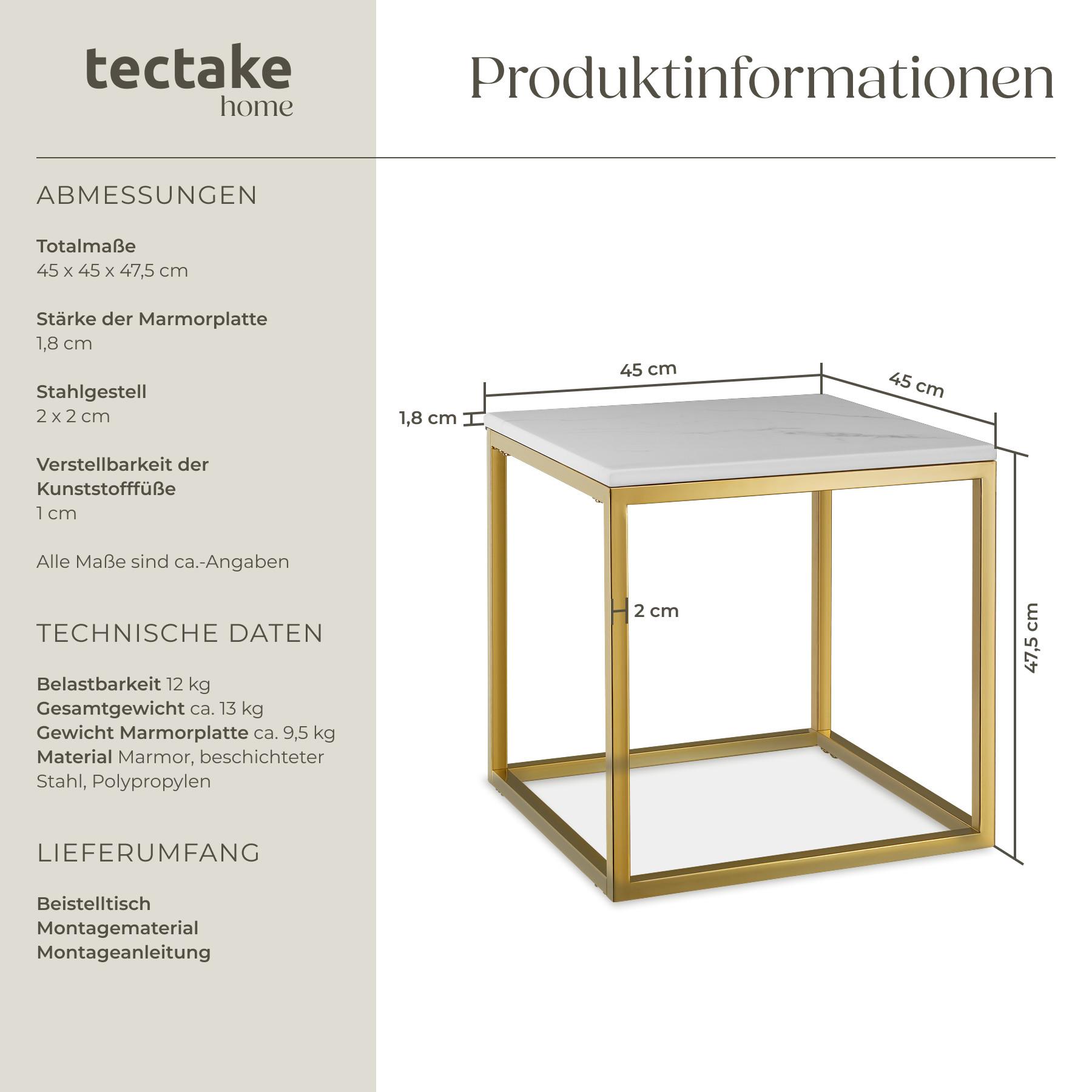 Tectake Marmor-Beistelltisch Alysia quadratisch Marmorplatte  