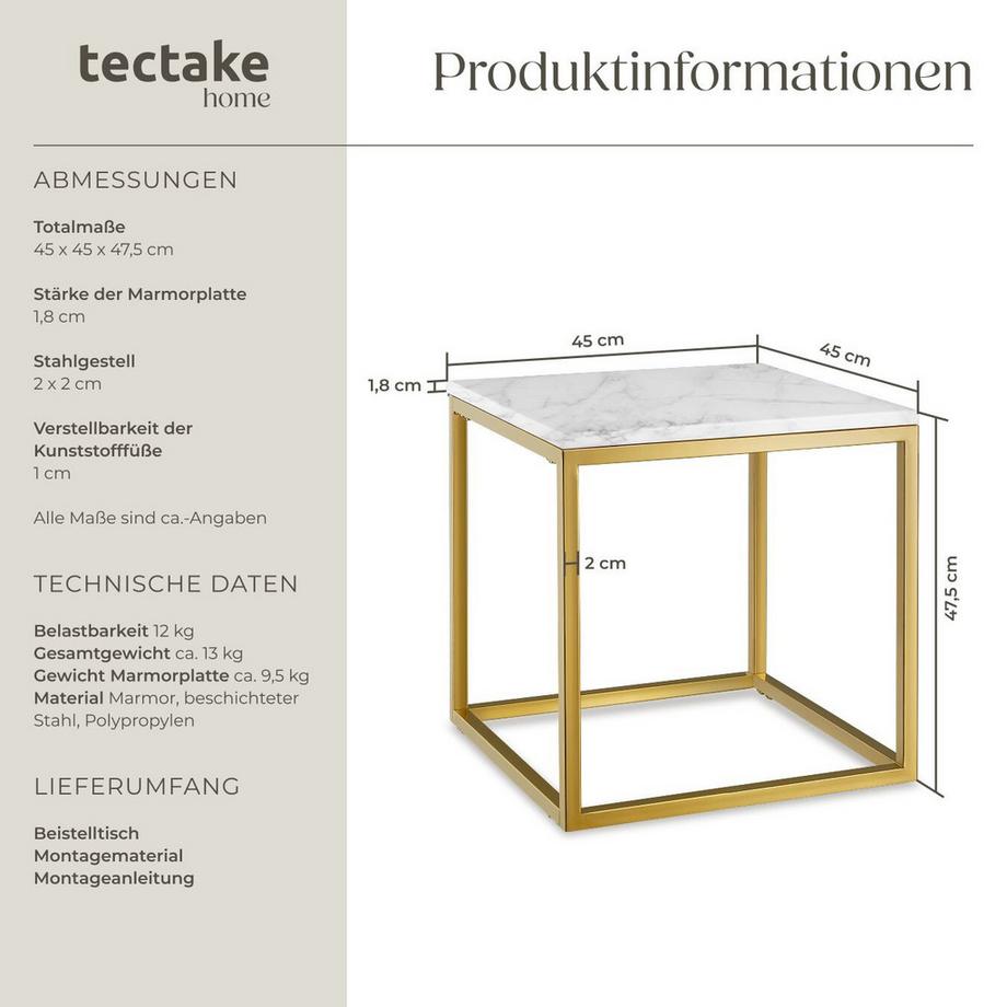 Tectake Marmor-Beistelltisch Alysia quadratisch Marmorplatte  