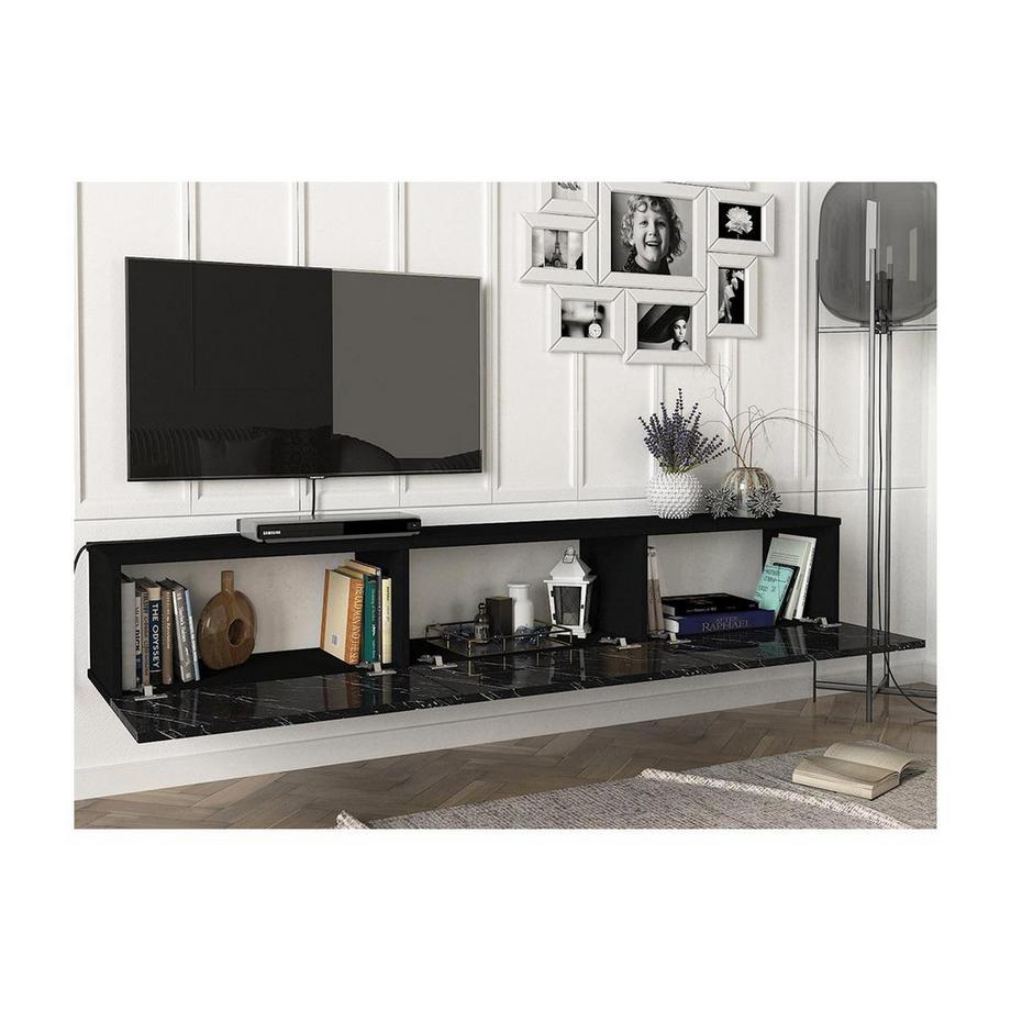 Vente-unique Meuble TV suspendu avec 3 portes - Effet marbre noir - VIKILA  