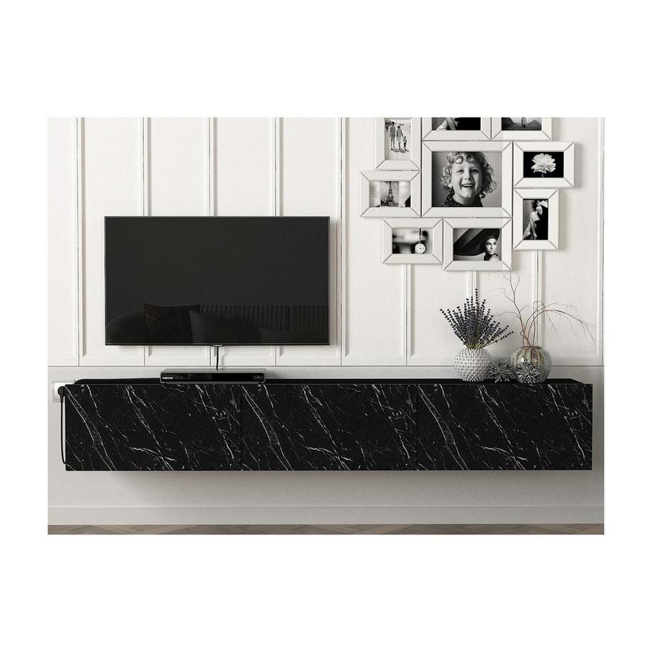 Vente-unique Meuble TV suspendu avec 3 portes - Effet marbre noir - VIKILA  