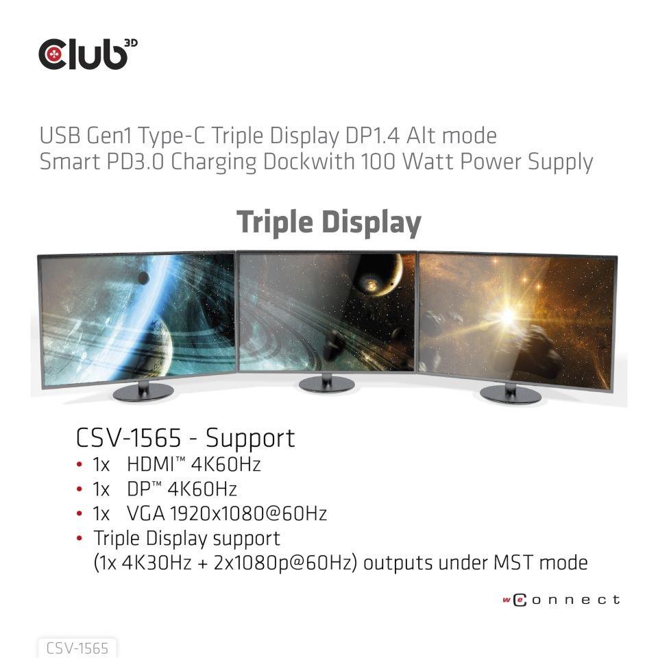 Club3D  Dockingstation USB Gen1 Typ-C Dreifach-Display DP1.4 Alt-Modus Smart PD3.0 mit 100-Watt-Netzteil 