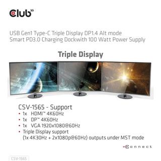 Club3D  USB Gen1 Type-C Triple Display DP1.4 Alt mode Smart PD3.0 Charging Dock with 100 Watt Power Supply 