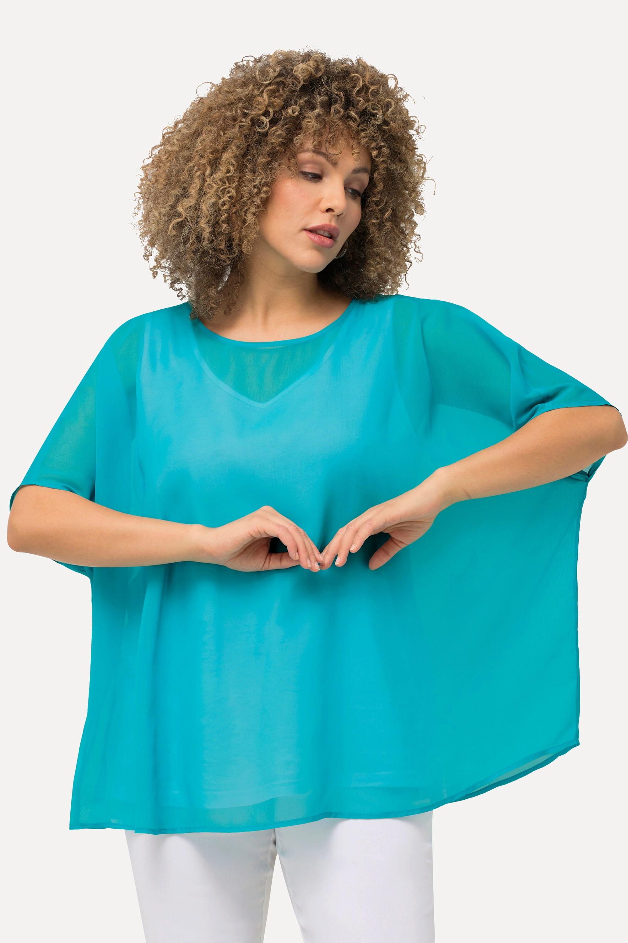 Ulla Popken  Blusa di chiffon dal taglio oversize con scollo rotondo e mezze maniche 