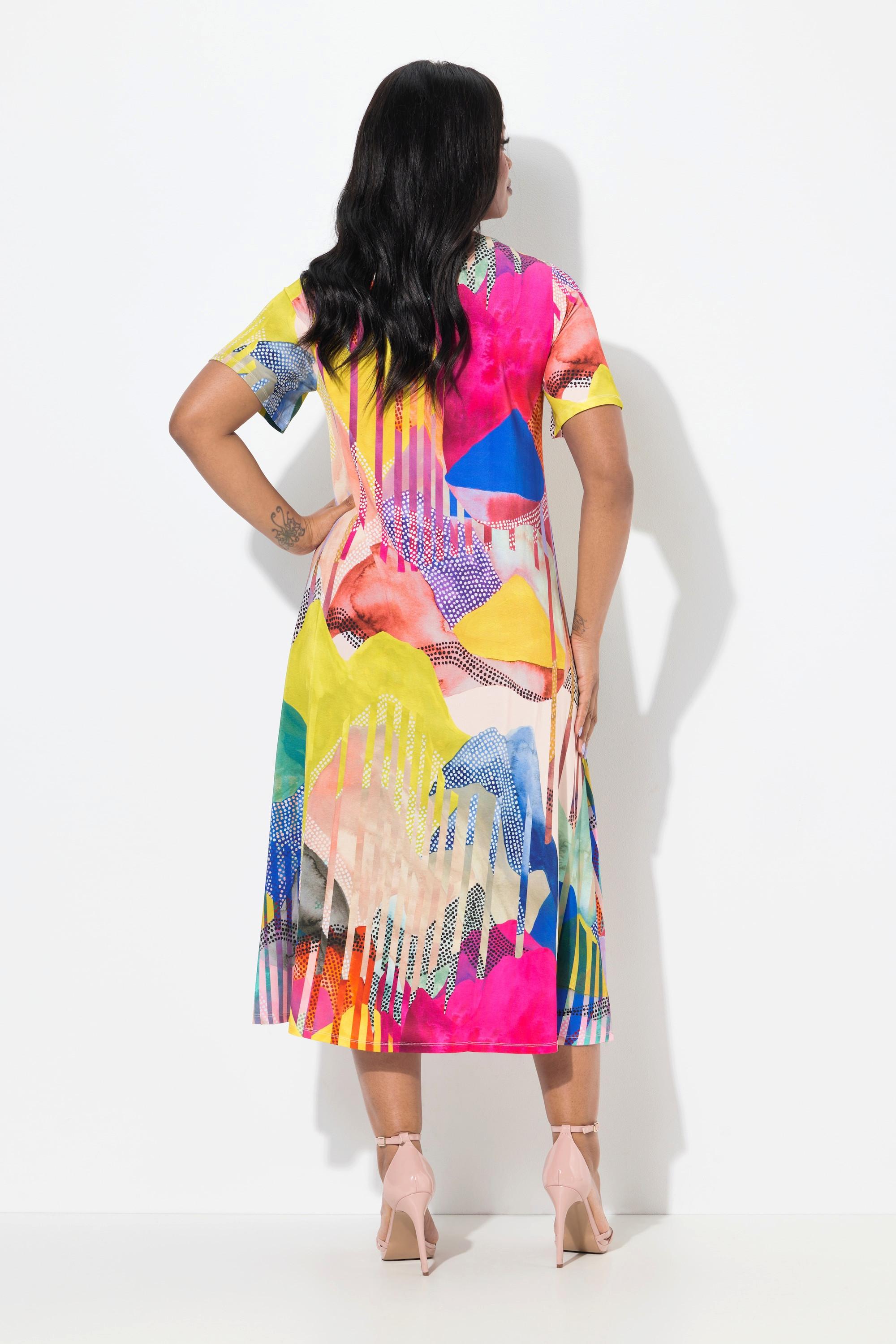 Ulla Popken Abito midi taglio svasato scollo a V mezze maniche ad aletta  