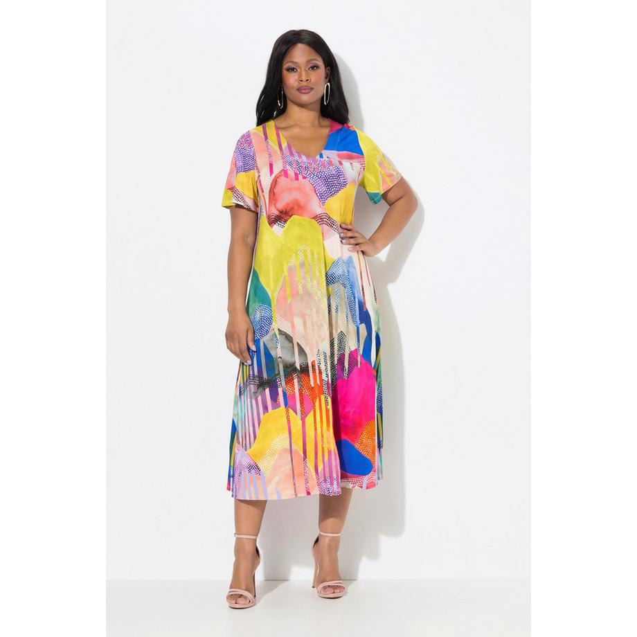 Ulla Popken Midi Slinkykleid A-Linie V-Ausschnitt Flügel-Halbarm  