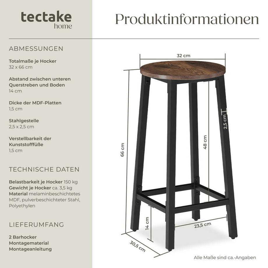 Tectake Lot de 2 tabourets de bar CORBY style industriel  