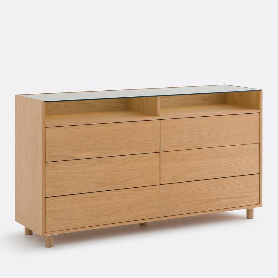 Commode en plaqué chêne et verre trempé