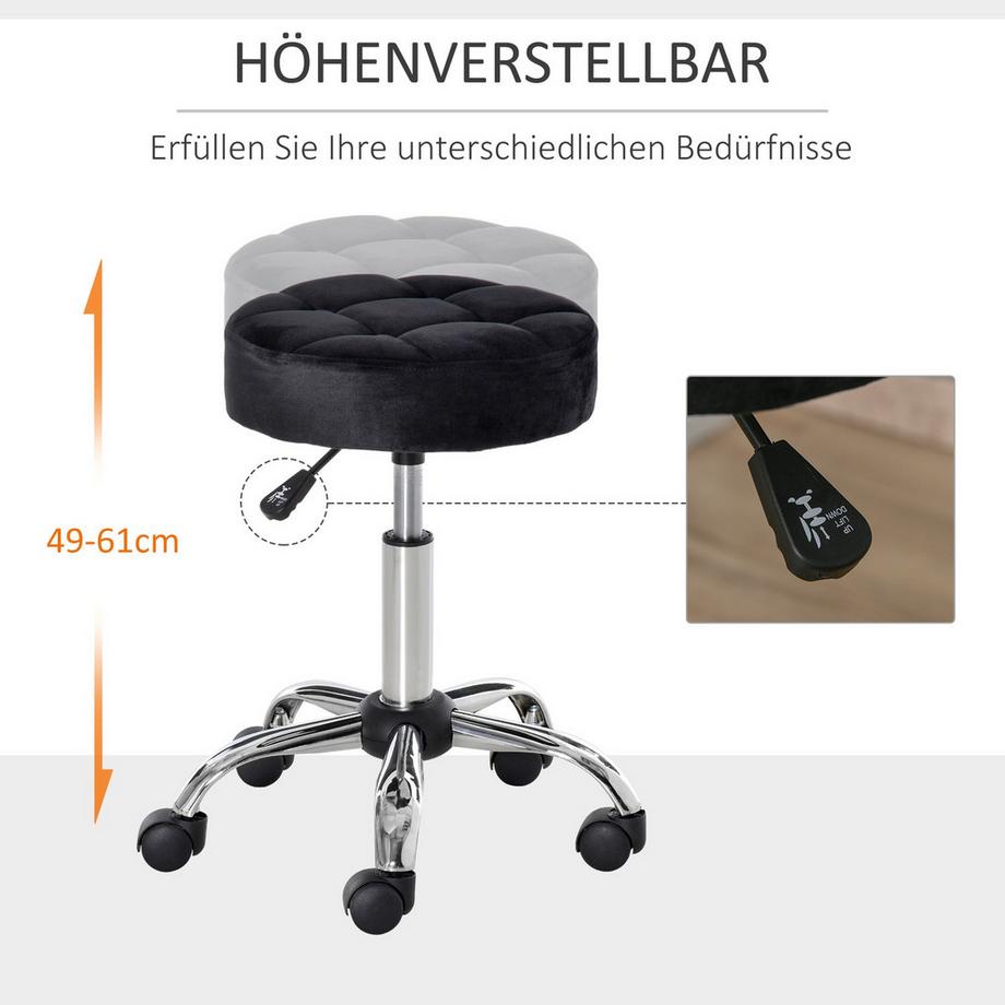 Northio Salonstuhl mit Rädern Rollhocker höhenverstellbar drehbar Salon Hocker Samt-Touch Schaumstoff Chrom-Basis Schwarz 35 x 35 x 49-61 cm  