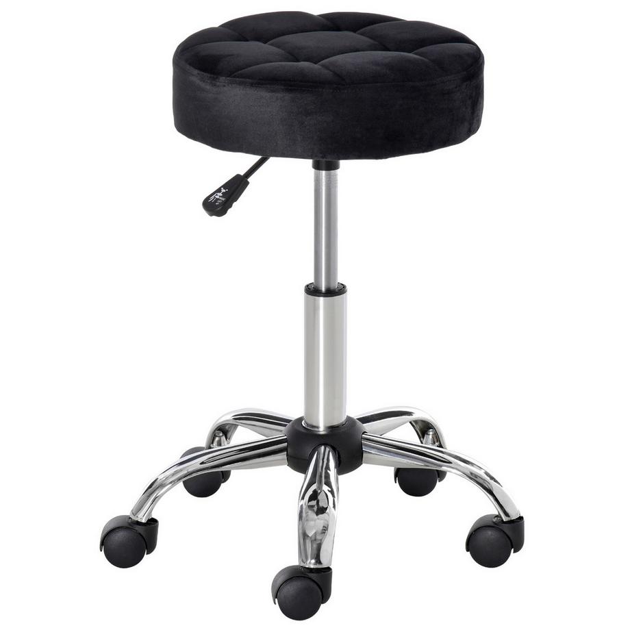 Salonstuhl mit Rädern Rollhocker höhenverstellbar drehbar Salon Hocker Samt-Touch Schaumstoff Chrom-Basis Schwarz 35 x 35 x 49-61 cm