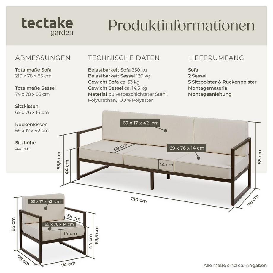 Tectake Garten-Loungeset Comosa für 5 Personen, Dicke der Sitzpolster 14 cm wasserabweisende, abnehmbare Polyesterbezüge  
