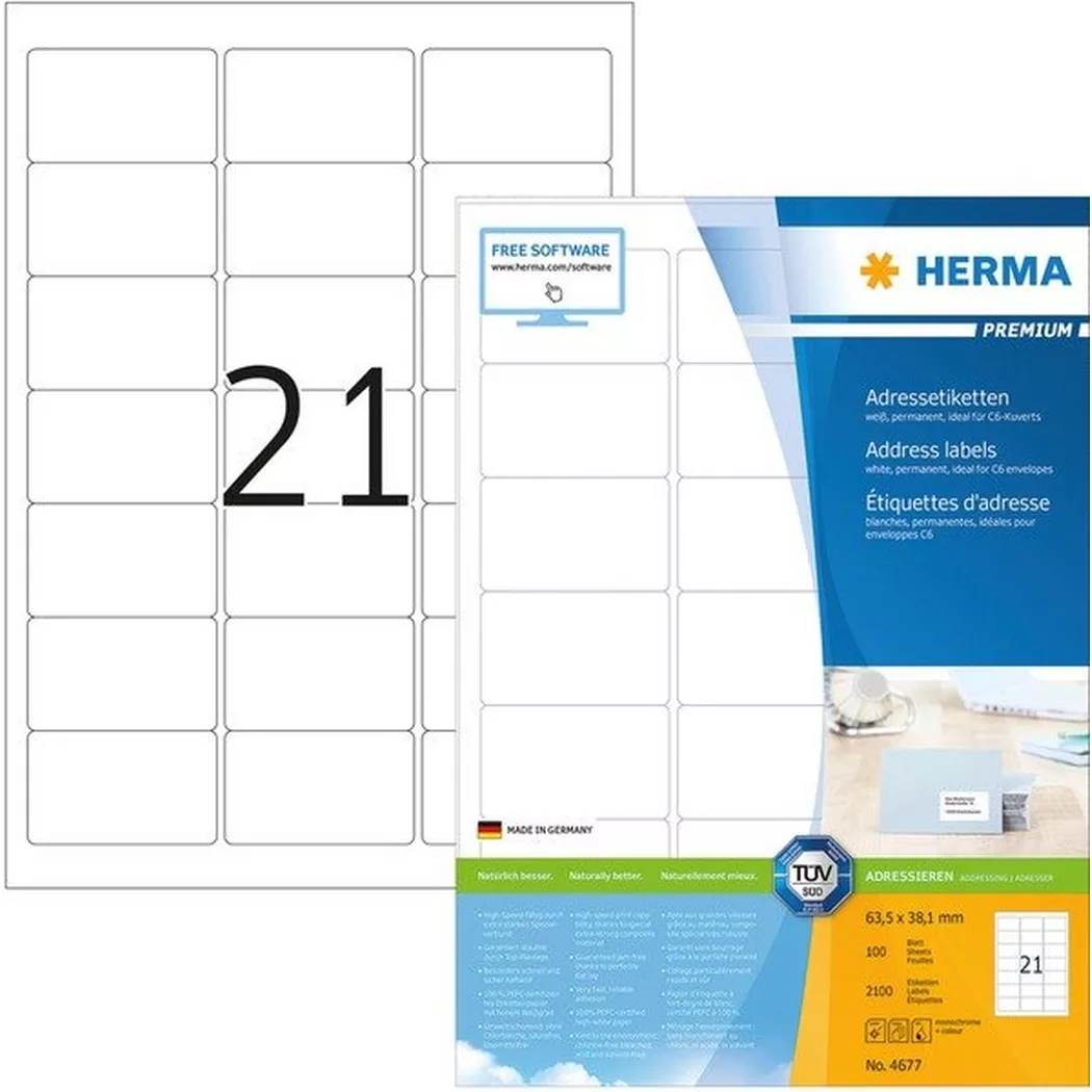 HERMA – Etiketten Premium 63,5×38,1mm 4677 weiss 2100 Stück, One Size