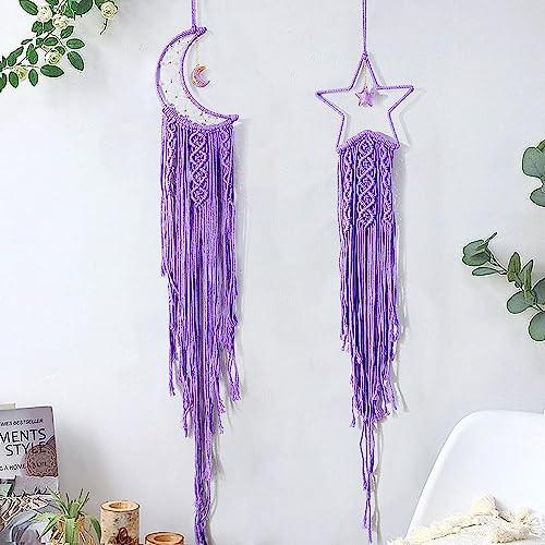 Alopini Attrape-rêves en macramé 2 pièces Suspension murale en macramé Attrape-rêves en forme d'étoile de lune  