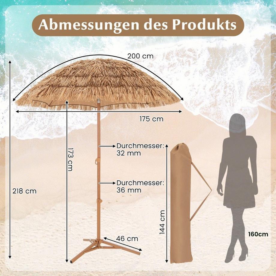 Northio Ombrellone da spiaggia in stile hawaiano con supporto pieghevole, manopola inclinabile e borsa per il trasporto. Ombrello Tiki  