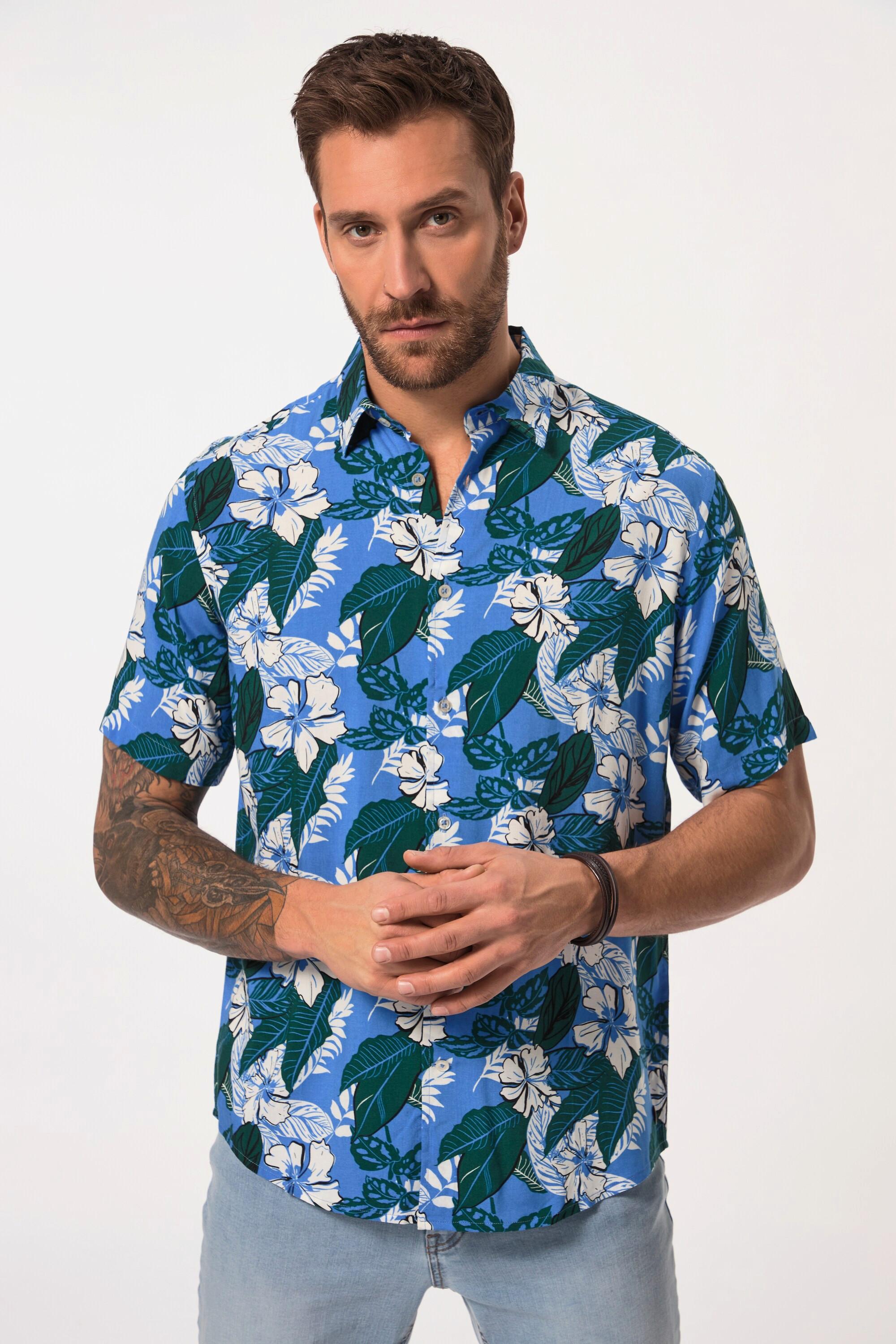 JP1880  Chemise coupe Modern Fit. Manches courtes, col Kent et imprimé floral. Jusqu'au 8XL. 