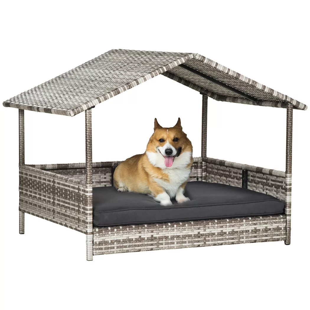 Casa para perros PawHut de ratán, cama para perros, almohada, forma de casa, casa para perros de exterior, acero y plástico
