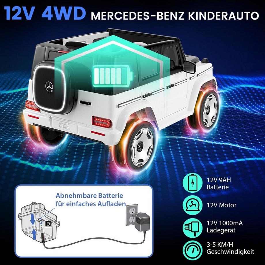 Northix  Voiture électrique Mercedes-Benz pour enfants avec télécommande 2,4 G et amplificateur. Phare 12V véhicule électrique blanc 