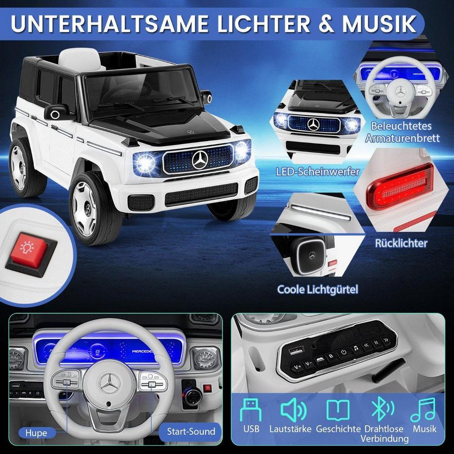 Northix  Voiture électrique Mercedes-Benz pour enfants avec télécommande 2,4 G et amplificateur. Phare 12V véhicule électrique blanc 
