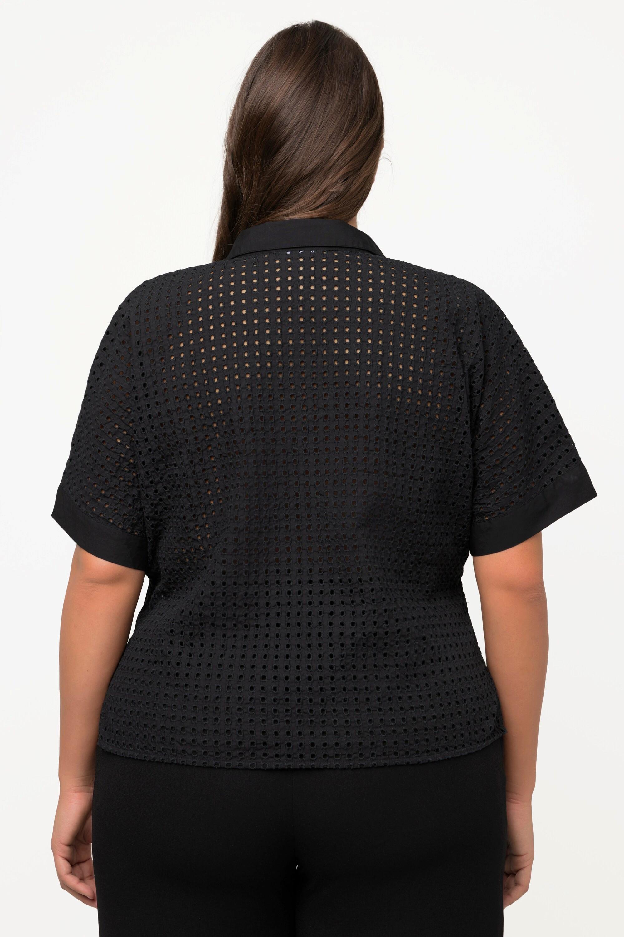 Ulla Popken  Blusa corta con ricami, collo da camicia e mezze maniche 