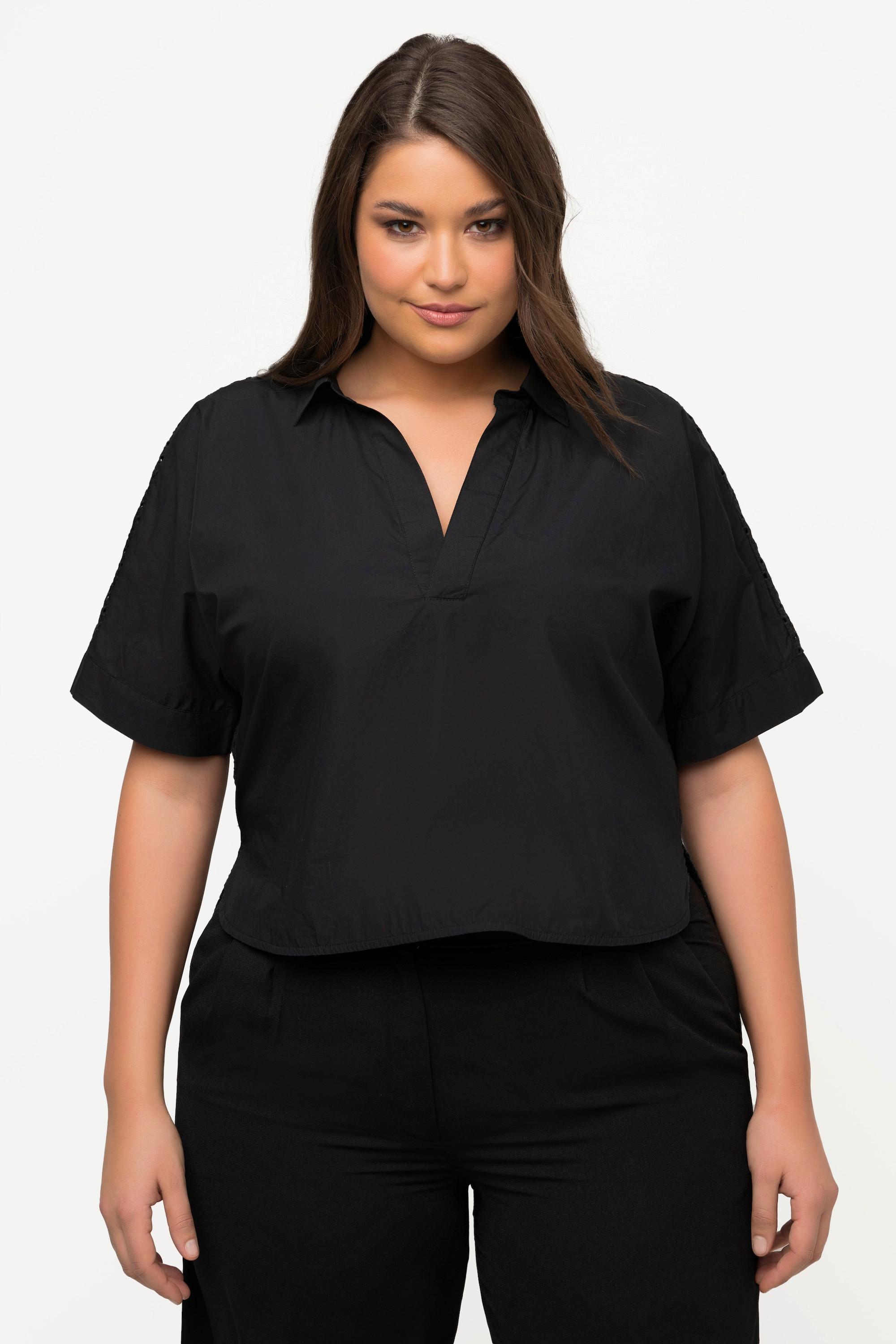 Ulla Popken  Blusa corta con ricami, collo da camicia e mezze maniche 