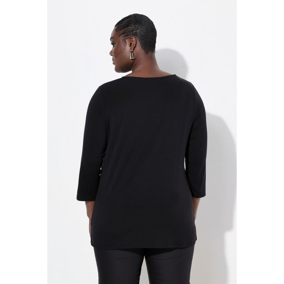 Ulla Popken Lyocell Bande Bord-Côte Col en V Manches 3/4 T-shirt  