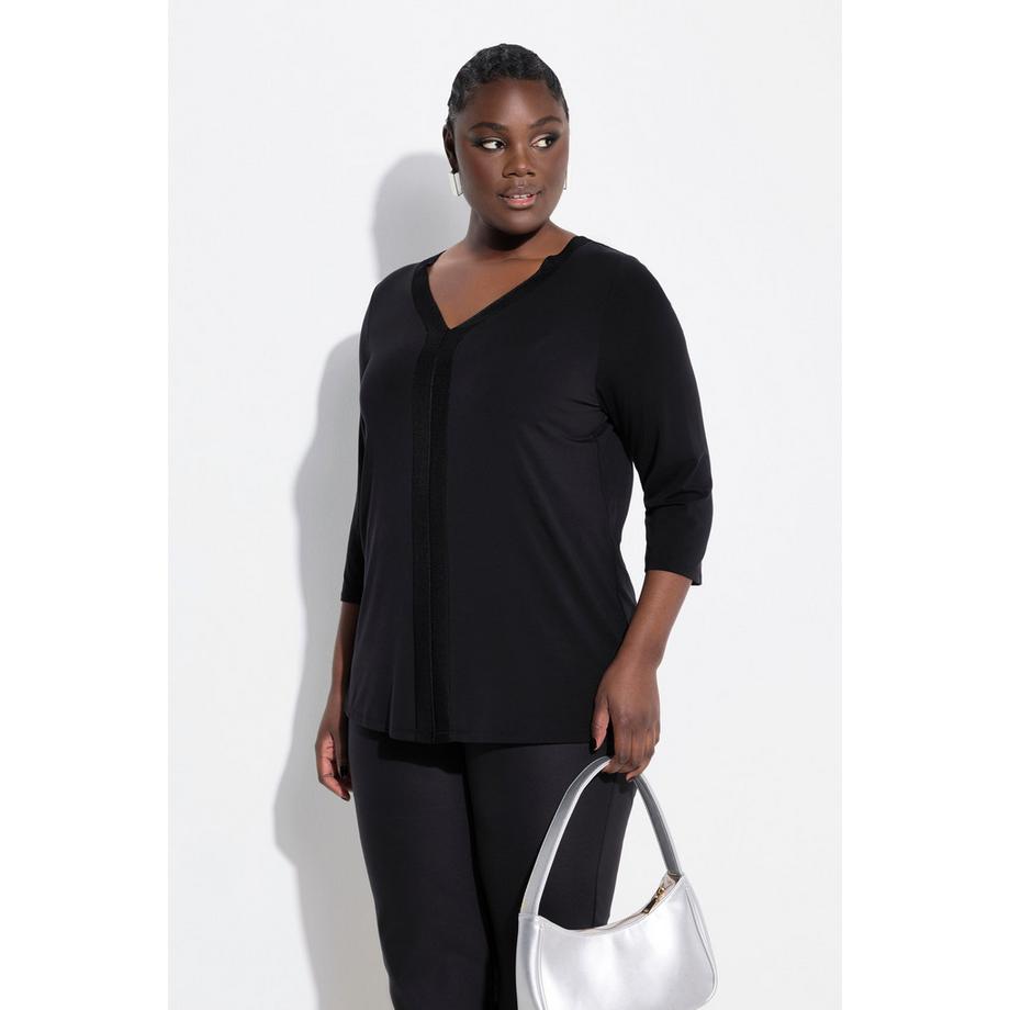 Ulla Popken Lyocell Bande Bord-Côte Col en V Manches 3/4 T-shirt  