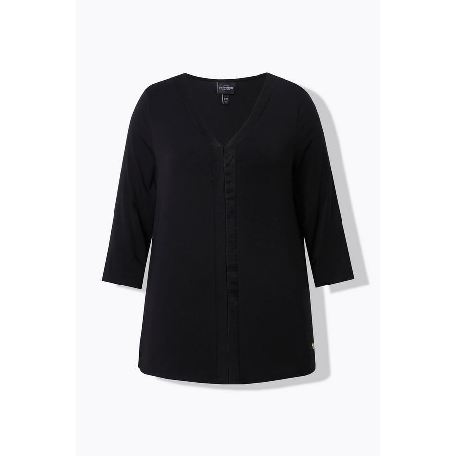 Ulla Popken Lyocell Bande Bord-Côte Col en V Manches 3/4 T-shirt  