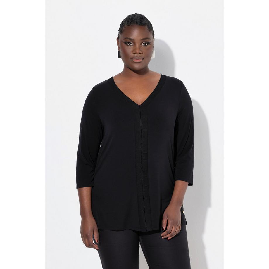 Ulla Popken Lyocell Bande Bord-Côte Col en V Manches 3/4 T-shirt  