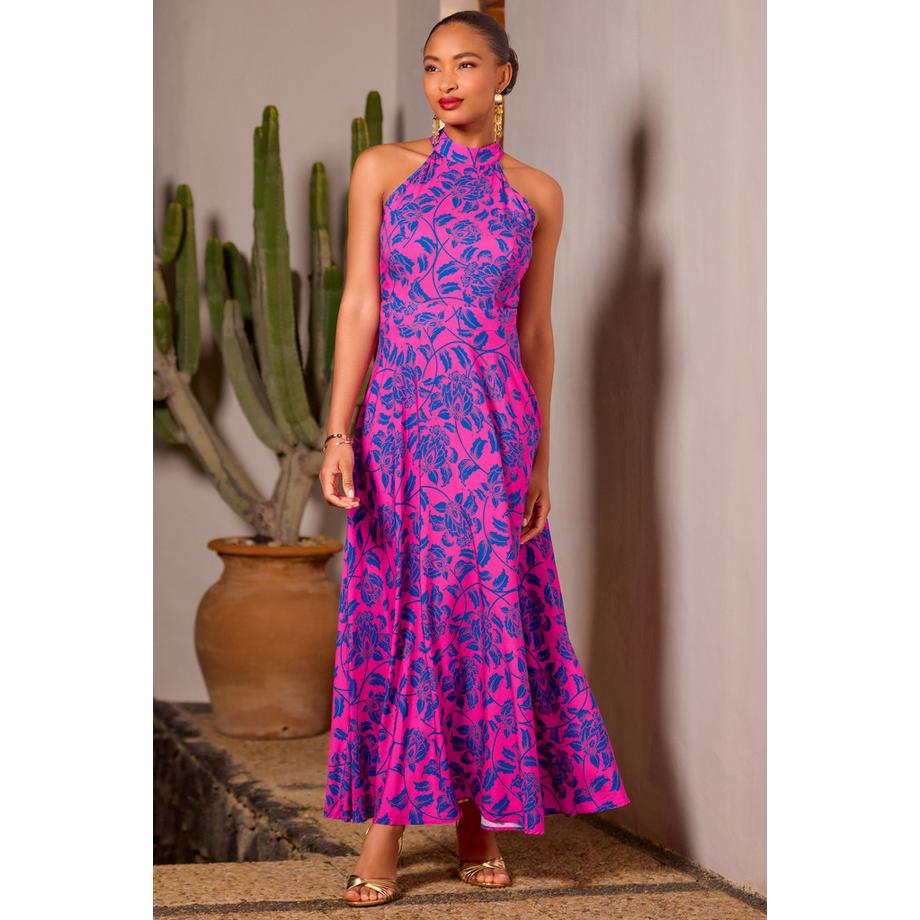 Maxikleid mit Print und Neckholder-Design
