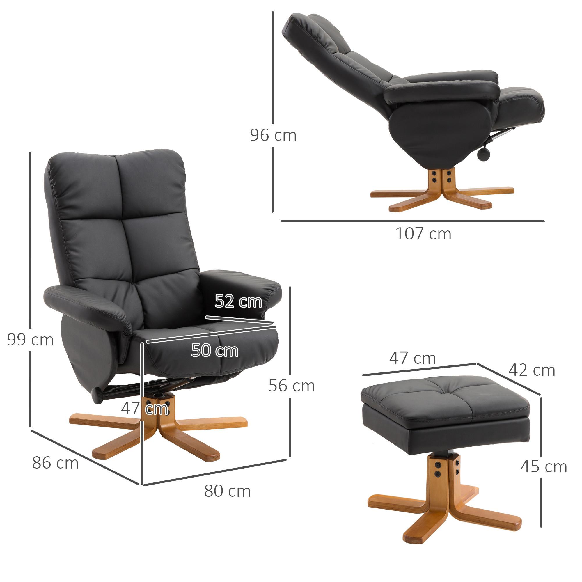 Northio Chaise De Relaxation Avec Tabouret Chaise Tv Avec Fonction Inclinable, Rotatif À 360°, Pu, ​​Structure En Bois, Noir, 80X86X99Cm  