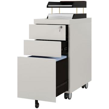 Rollcontainer mit 3 Schubladen, Aktenschrank mit Schloss, Oberer Öffnung, Büroschrank für Briefformat, A4 Legal, 30x50x61cm, Weiß