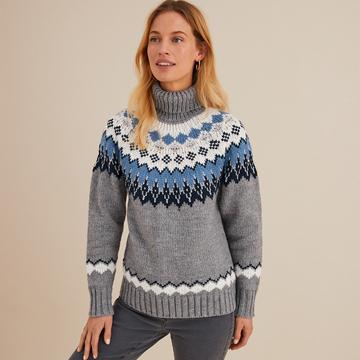 Grobstrickpullover mit Jacquardmuster und Rollkragen