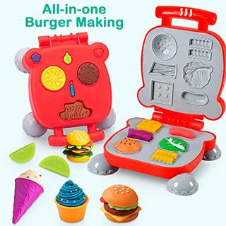 Activity-board  Set de pâte à modeler outils de pétrissage pour enfants, accessoires création petit déjeuner burger & pâtes, moules rouleaux rouleau à pâtisserie, tapis de pétrissage avec sac de rangement 
