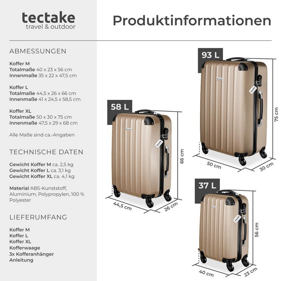 Tectake  Ensemble de 3 valises TALIA 3 pièces en ABS robuste, balance à bagages et étiquette 