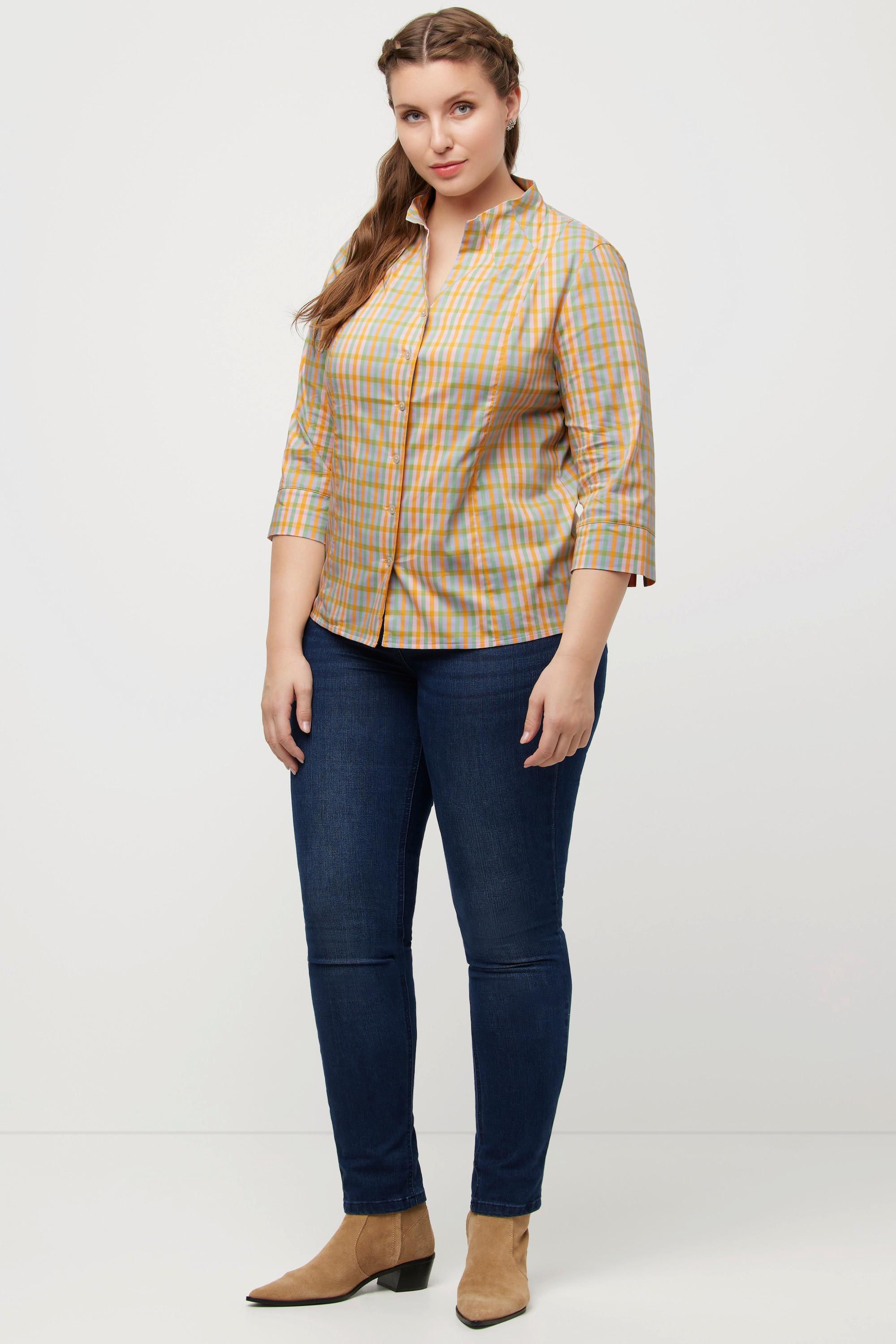 Ulla Popken Blusa Quadri Slim Fit Collo Montante Maniche 3/4  