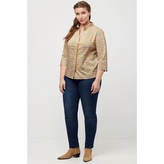 Ulla Popken  Blouse, carreaux, coupe Slim, col jabot, décolleté en V, manches 3/4 