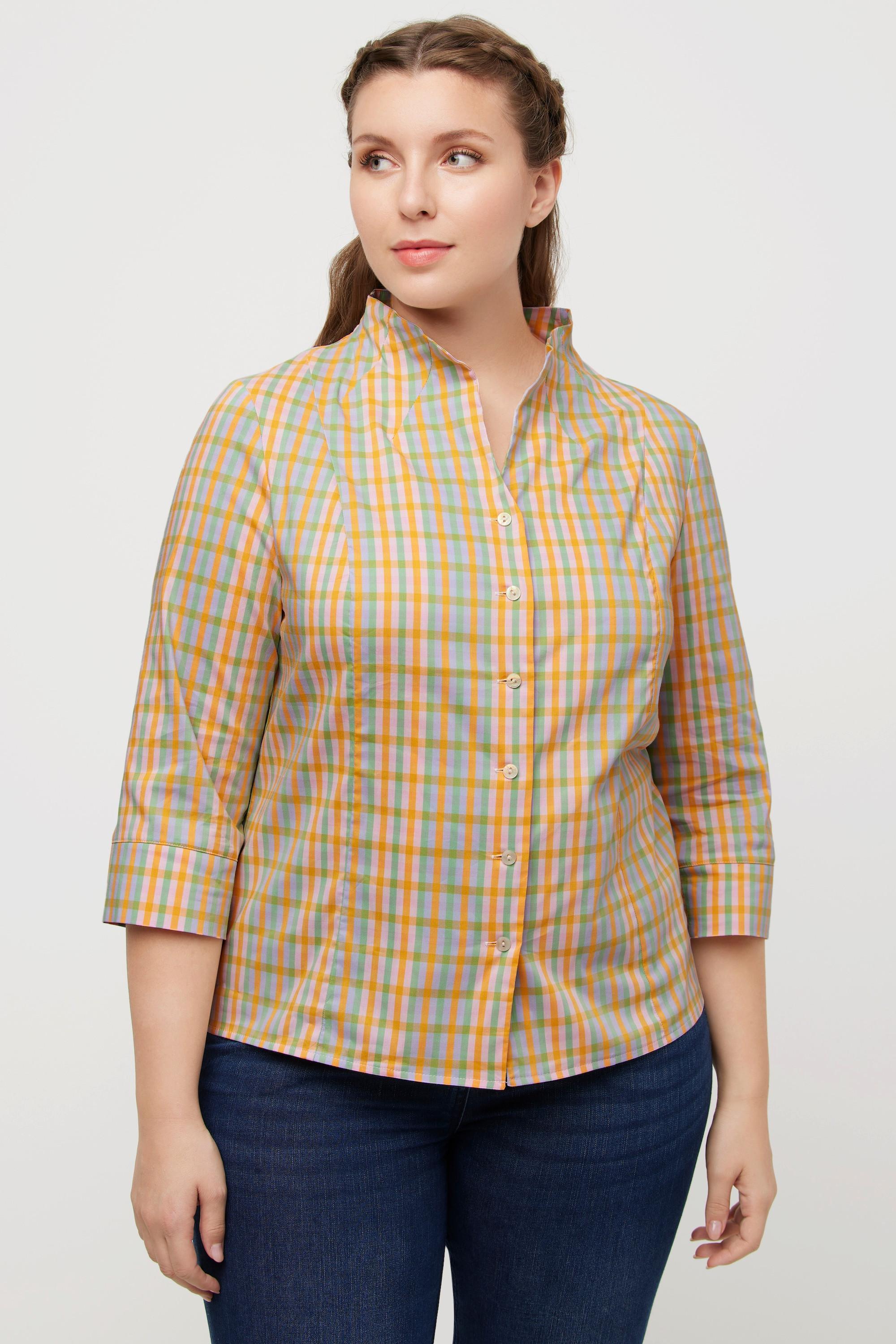 Ulla Popken Blusa Quadri Slim Fit Collo Montante Maniche 3/4  