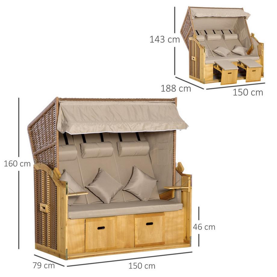 Northio Strandkorb 3-Sitzer Sonnenliege mit Dach und 2 Klapptischen, Fußstütze, XXL Polyrattan Natur, 150x79x160cm für Garten & Terrasse |.de  