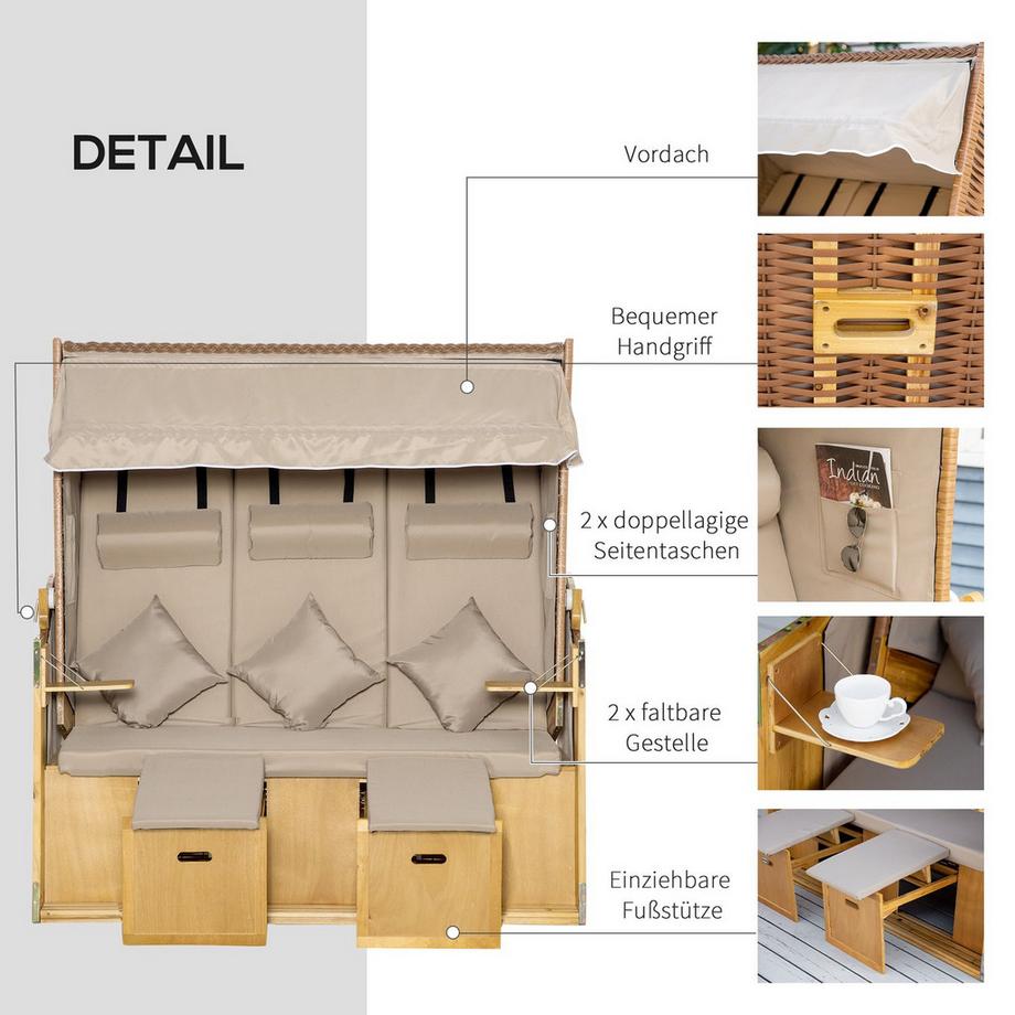 Northio Strandkorb 3-Sitzer Sonnenliege mit Dach und 2 Klapptischen, Fußstütze, XXL Polyrattan Natur, 150x79x160cm für Garten & Terrasse |.de  