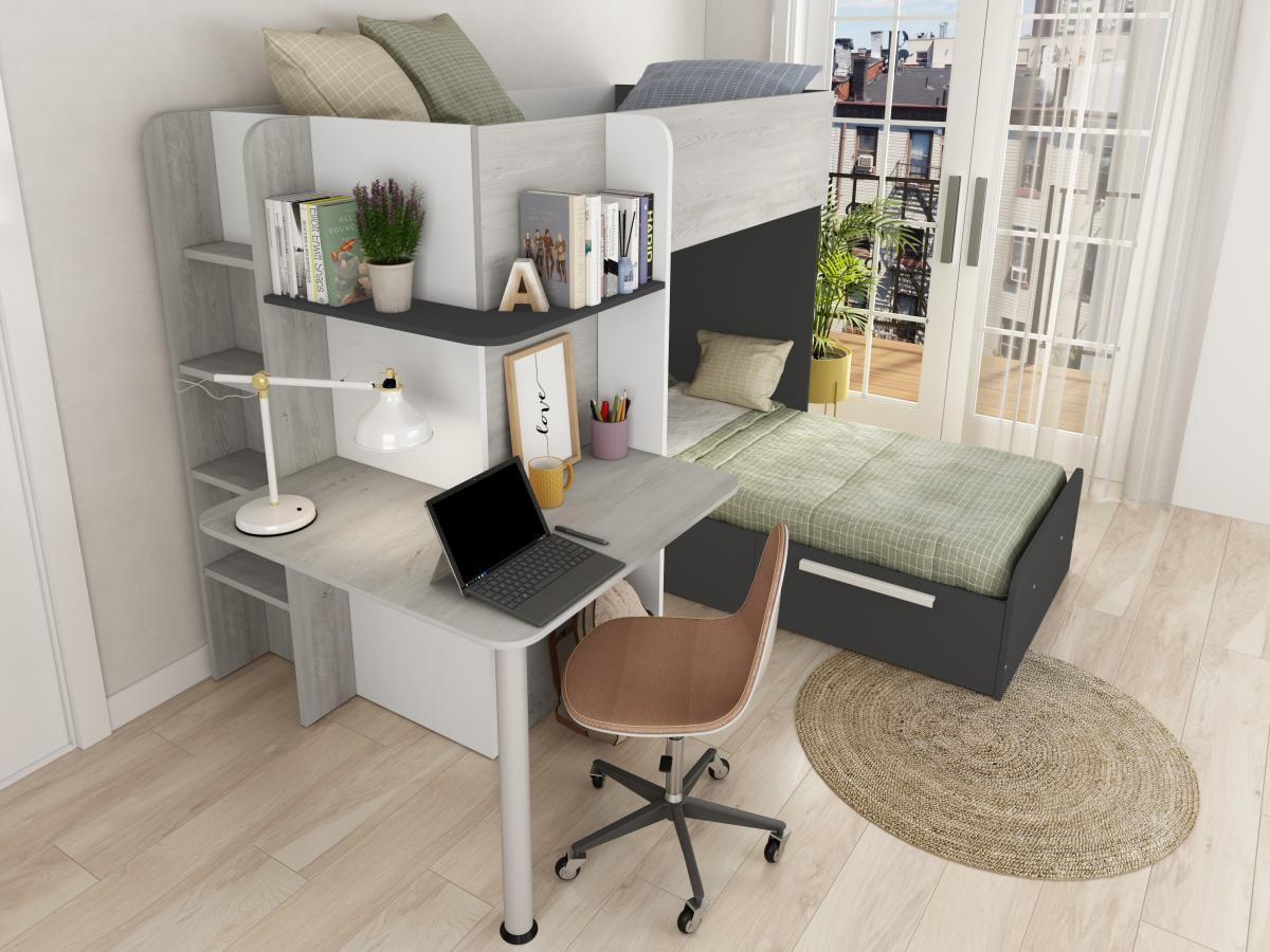 Vente-unique Lits superposés d'angle 2 x 90 x 190 cm - Avec bureau - Gris, blanc et noir - SAMUEL  