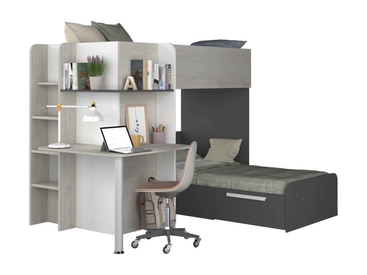 Vente-unique Lits superposés d'angle 2 x 90 x 190 cm - Avec bureau - Gris, blanc et noir - SAMUEL  